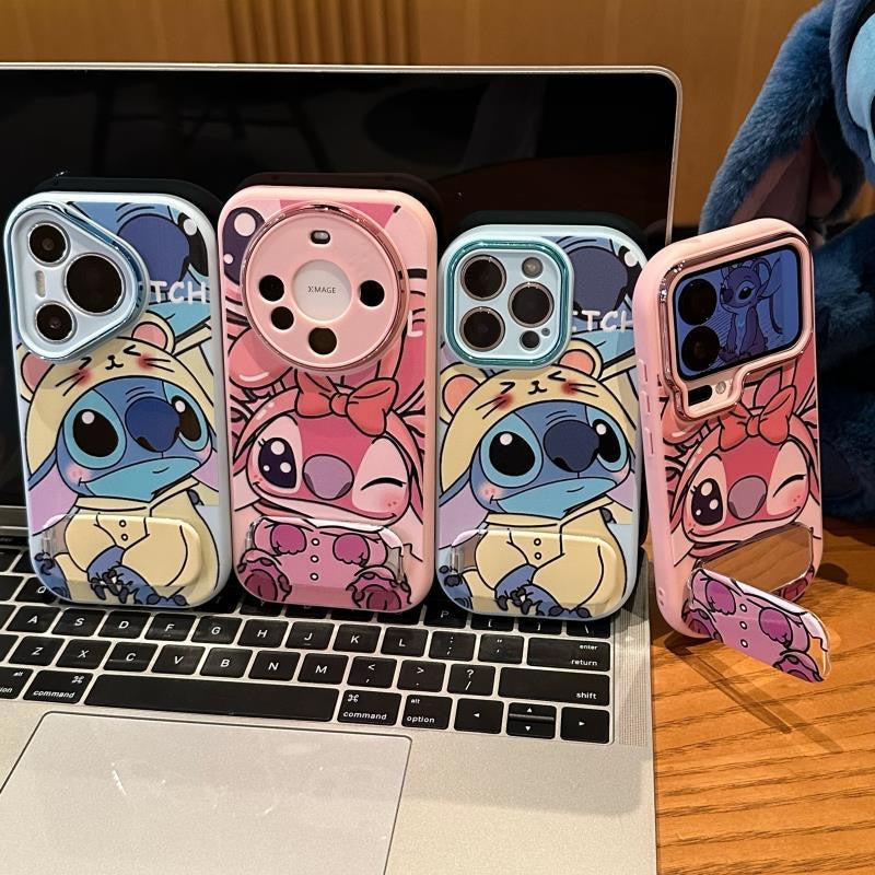 Lovely Pink Angel & Yellow Stitch Character Phone Case With Built-in Stand, Cartoon Anime Full Lens Frame Protective Soft Phone Cover For All Smartphone