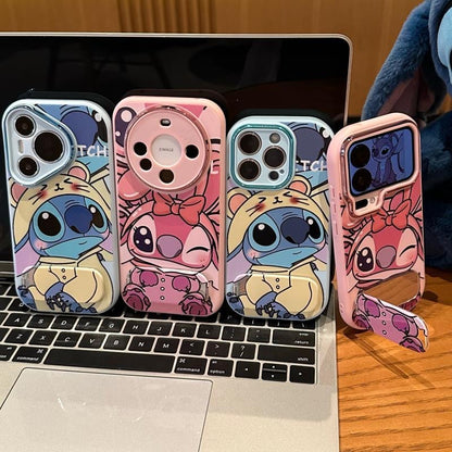Lovely Pink Angel & Yellow Stitch Character Phone Case With Built-in Stand, Cartoon Anime Full Lens Frame Protective Soft Phone Cover For All Smartphone