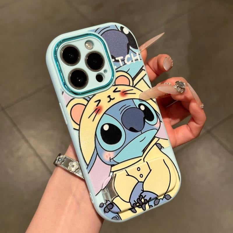 Lovely Pink Angel & Yellow Stitch Character Phone Case With Built-in Stand, Cartoon Anime Full Lens Frame Protective Soft Phone Cover For All Smartphone