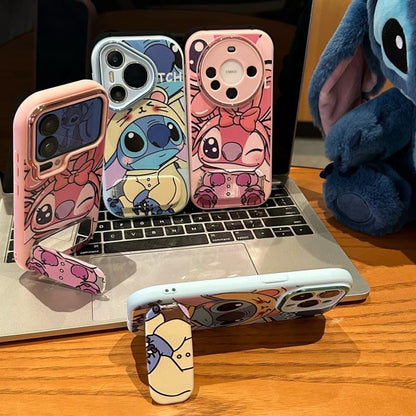 Lovely Pink Angel & Yellow Stitch Character Phone Case With Built-in Stand, Cartoon Anime Full Lens Frame Protective Soft Phone Cover For All Smartphone