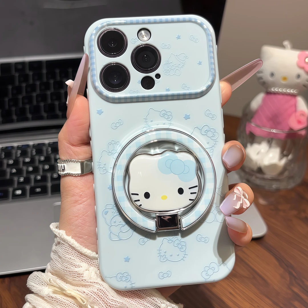 Pink Blue Hello Kitty Foldable Stand Phone Case, Lovely Cat Pattern Shockproof Soft Shell With Magnetic Bracket For All Phones
