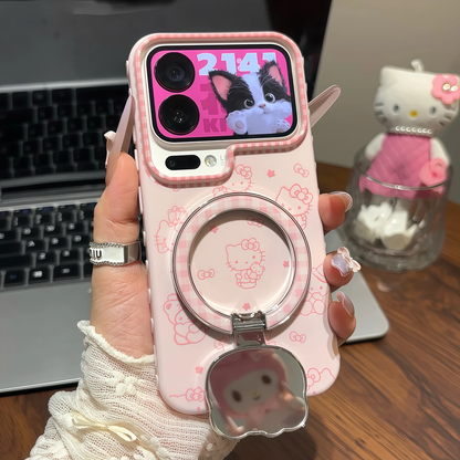 Pink Blue Hello Kitty Foldable Stand Phone Case, Lovely Cat Pattern Shockproof Soft Shell With Magnetic Bracket For All Phones