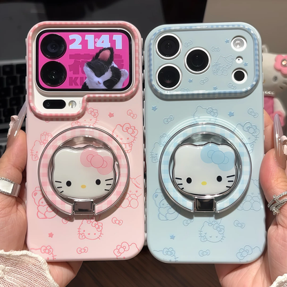 Pink Blue Hello Kitty Foldable Stand Phone Case, Lovely Cat Pattern Shockproof Soft Shell With Magnetic Bracket For All Phones