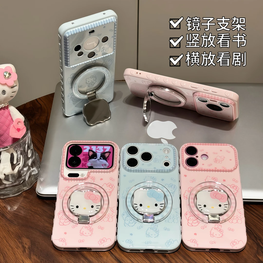 Pink Blue Hello Kitty Foldable Stand Phone Case, Lovely Cat Pattern Shockproof Soft Shell With Magnetic Bracket For All Phones