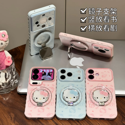 Pink Blue Hello Kitty Foldable Stand Phone Case, Lovely Cat Pattern Shockproof Soft Shell With Magnetic Bracket For All Phones