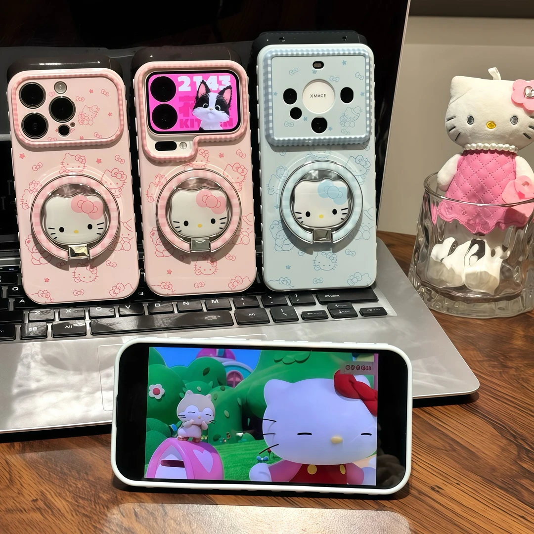Pink Blue Hello Kitty Foldable Stand Phone Case, Lovely Cat Pattern Shockproof Soft Shell With Magnetic Bracket For All Phones