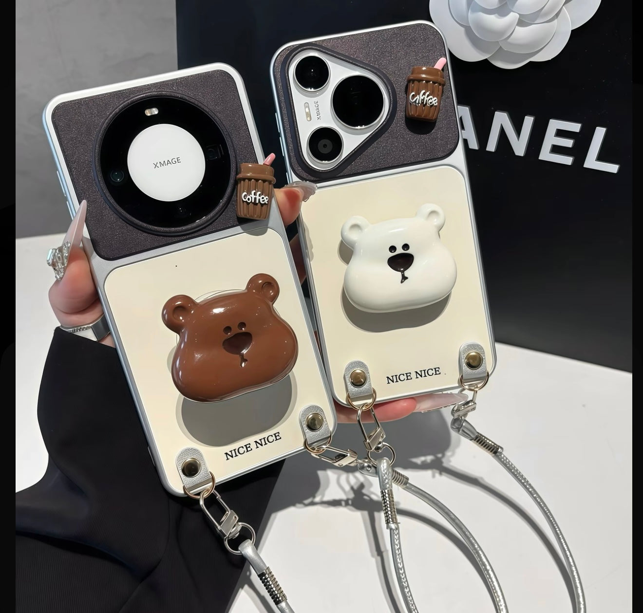 Trendy Aesthetic Bear Stand Phone Case With Hand Strap, Cute Mini Coffee Cup Decor Silver Frame Anti-slip Protective Phone Cover For All Phones