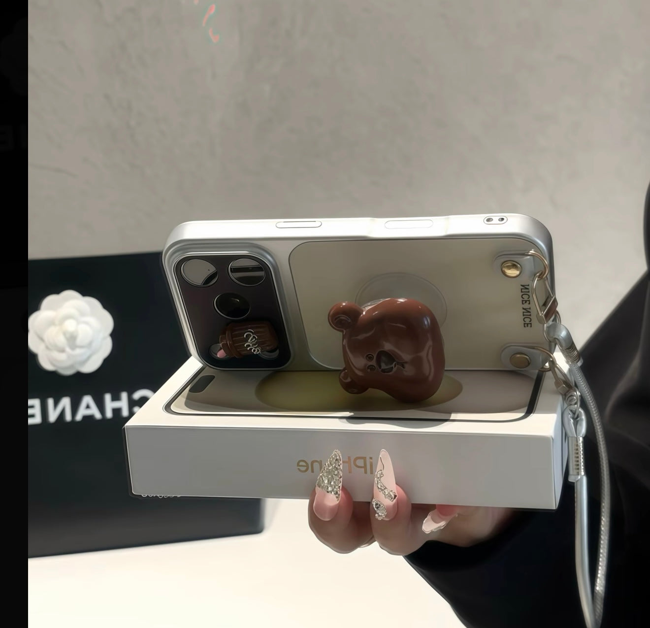Trendy Aesthetic Bear Stand Phone Case With Hand Strap, Cute Mini Coffee Cup Decor Silver Frame Anti-slip Protective Phone Cover For All Phones