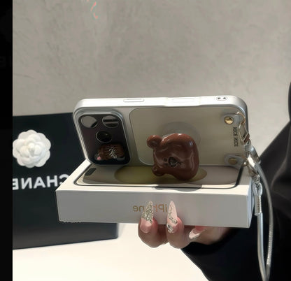 Trendy Aesthetic Bear Stand Phone Case With Hand Strap, Cute Mini Coffee Cup Decor Silver Frame Anti-slip Protective Phone Cover For All Phones