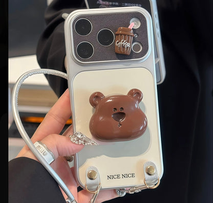 Trendy Aesthetic Bear Stand Phone Case With Hand Strap, Cute Mini Coffee Cup Decor Silver Frame Anti-slip Protective Phone Cover For All Phones