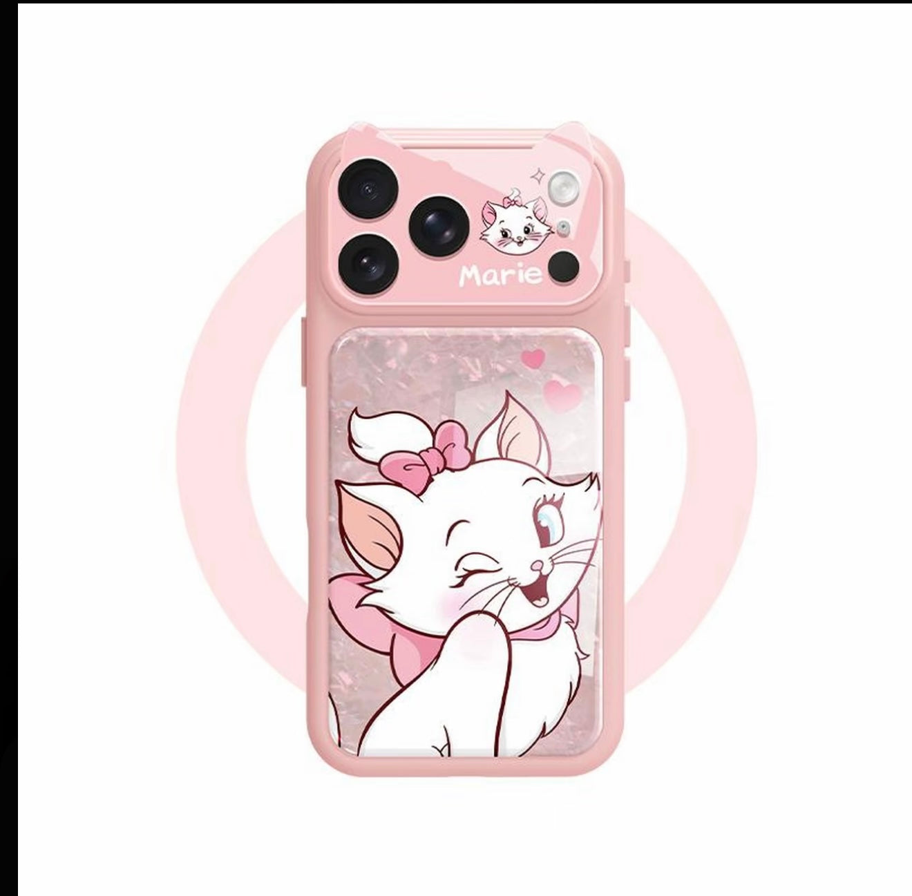 Cute Wink Marie Cat Pink Glitter Phone Case | Honeycomb Honey Mesh Heat Dissipation Breathable Anti-Collision Full Camera Lens Protective Shockproof Cover For iPhone