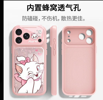 Cute Wink Marie Cat Pink Glitter Phone Case | Honeycomb Honey Mesh Heat Dissipation Breathable Anti-Collision Full Camera Lens Protective Shockproof Cover For iPhone