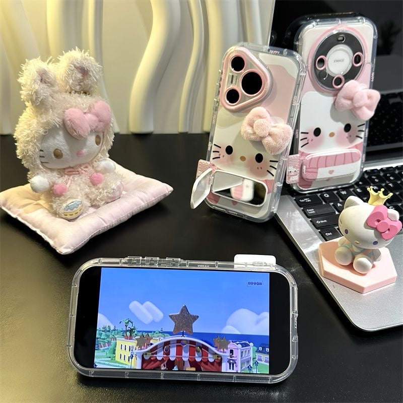 Kawaii 3D Fluffy Pink Bow Hello Kitty Phone Case With Foldable Wrist Strap, Cute Cartoon Mirror Camera Lens Protective Clear Phone Cover For iPhone