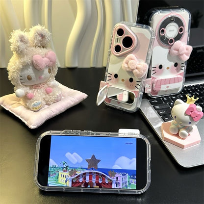 Kawaii 3D Fluffy Pink Bow Hello Kitty Phone Case With Foldable Wrist Strap, Cute Cartoon Mirror Camera Lens Protective Clear Phone Cover For iPhone