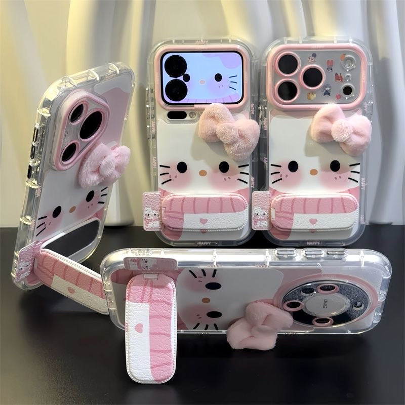 Kawaii 3D Fluffy Pink Bow Hello Kitty Phone Case With Foldable Wrist Strap, Cute Cartoon Mirror Camera Lens Protective Clear Phone Cover For iPhone