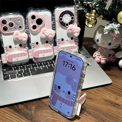Kawaii 3D Fluffy Pink Bow Hello Kitty Phone Case With Foldable Wrist Strap, Cute Cartoon Mirror Camera Lens Protective Clear Phone Cover For iPhone