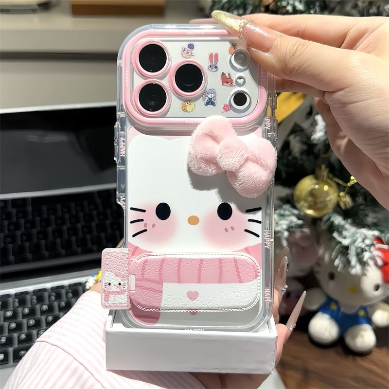 Kawaii 3D Fluffy Pink Bow Hello Kitty Phone Case With Foldable Wrist Strap, Cute Cartoon Mirror Camera Lens Protective Clear Phone Cover For iPhone