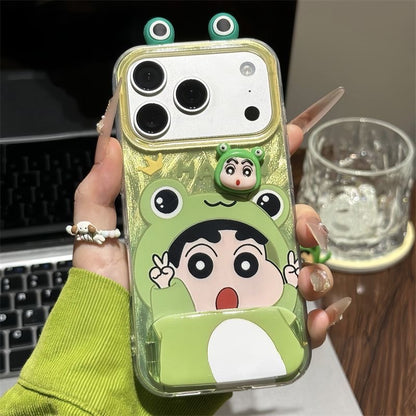 Cute 3D Frog Crayon Shin-chan Phone Case, Green Gradient Oil Texture Anti-Drop TPU Cover with Frog Ear Camera Frame & Mini Shin-chan Figure, Compatible with iPhone