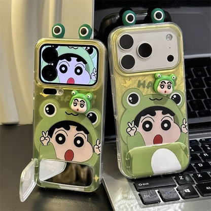 Cute 3D Frog Crayon Shin-chan Phone Case, Green Gradient Oil Texture Anti-Drop TPU Cover with Frog Ear Camera Frame & Mini Shin-chan Figure, Compatible with iPhone