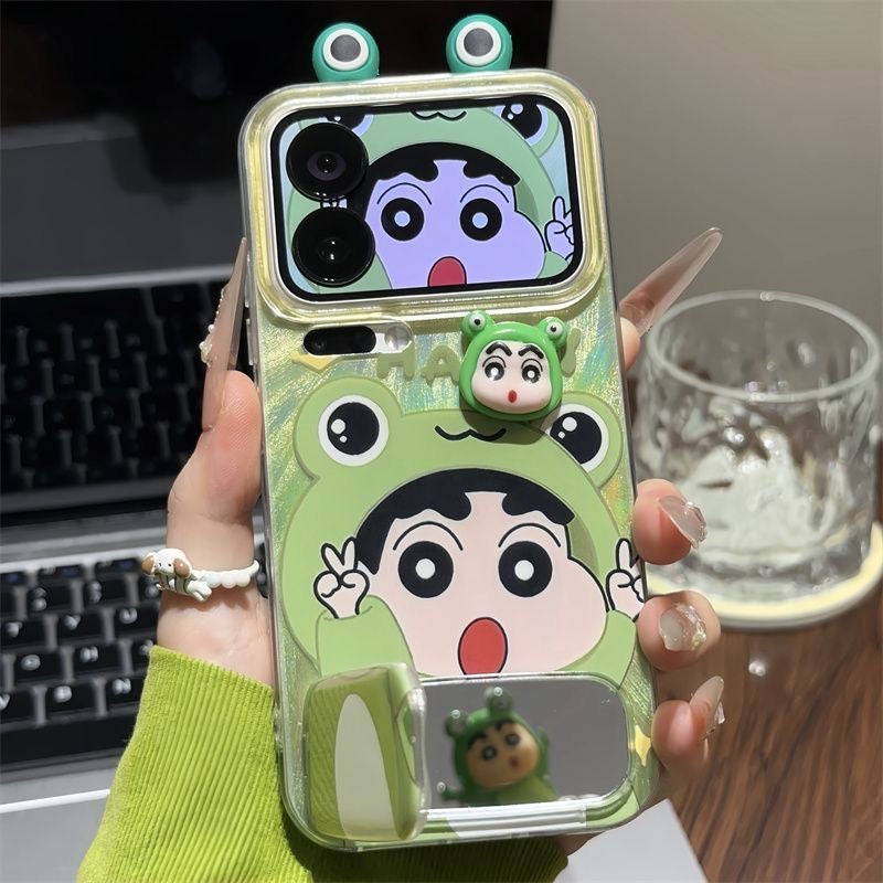 Cute 3D Frog Crayon Shin-chan Phone Case, Green Gradient Oil Texture Anti-Drop TPU Cover with Frog Ear Camera Frame & Mini Shin-chan Figure, Compatible with iPhone