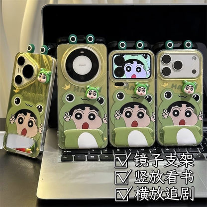 Cute 3D Frog Crayon Shin-chan Phone Case, Green Gradient Oil Texture Anti-Drop TPU Cover with Frog Ear Camera Frame & Mini Shin-chan Figure, Compatible with iPhone