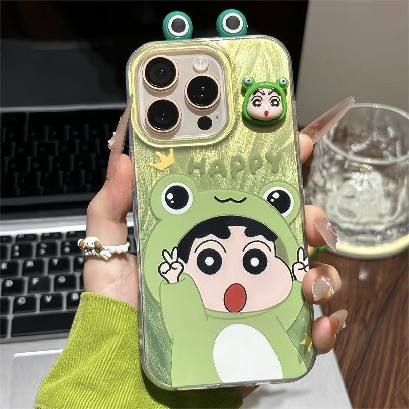 Cute 3D Frog Crayon Shin-chan Phone Case, Green Gradient Oil Texture Anti-Drop TPU Cover with Frog Ear Camera Frame & Mini Shin-chan Figure, Compatible with iPhone