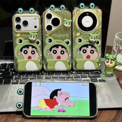 Cute 3D Frog Crayon Shin-chan Phone Case, Green Gradient Oil Texture Anti-Drop TPU Cover with Frog Ear Camera Frame & Mini Shin-chan Figure, Compatible with iPhone