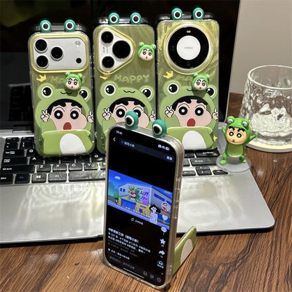 Cute 3D Frog Crayon Shin-chan Phone Case, Green Gradient Oil Texture Anti-Drop TPU Cover with Frog Ear Camera Frame & Mini Shin-chan Figure, Compatible with iPhone