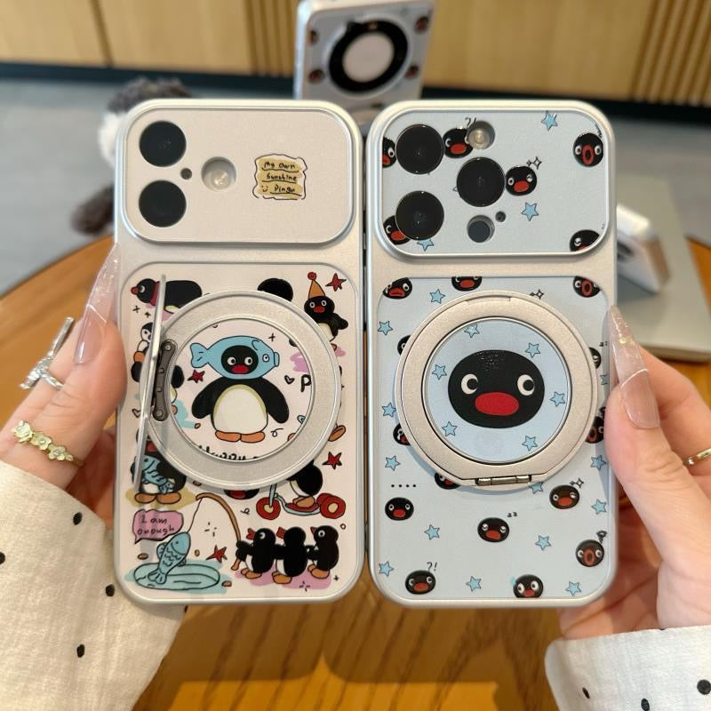 Cute Pingu Penguin 360° Rotatable Ring Holder Phone Case, Electroplated Silver Magnetic Kickstand Case, Flip Lens Full Protection Shockproof Cover For iPhone