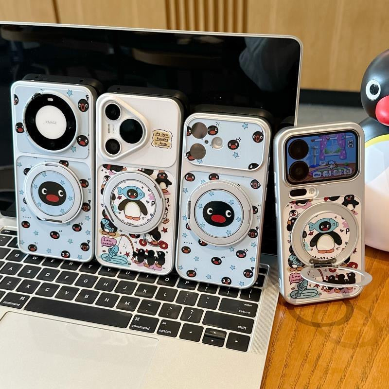 Cute Pingu Penguin 360° Rotatable Ring Holder Phone Case, Electroplated Silver Magnetic Kickstand Case, Flip Lens Full Protection Shockproof Cover For iPhone