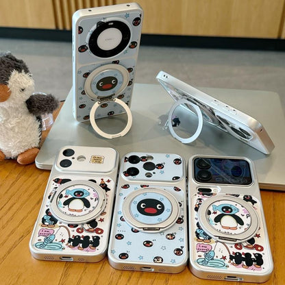 Cute Pingu Penguin 360° Rotatable Ring Holder Phone Case, Electroplated Silver Magnetic Kickstand Case, Flip Lens Full Protection Shockproof Cover For iPhone