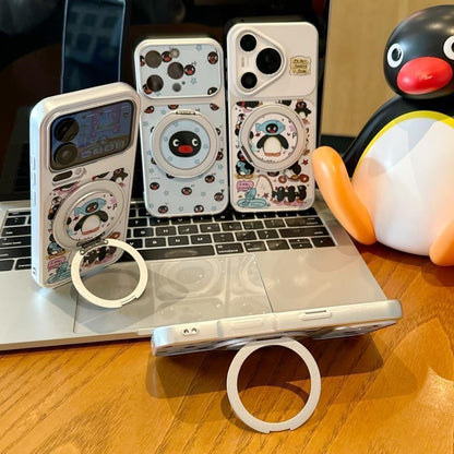 Cute Pingu Penguin 360° Rotatable Ring Holder Phone Case, Electroplated Silver Magnetic Kickstand Case, Flip Lens Full Protection Shockproof Cover For iPhone