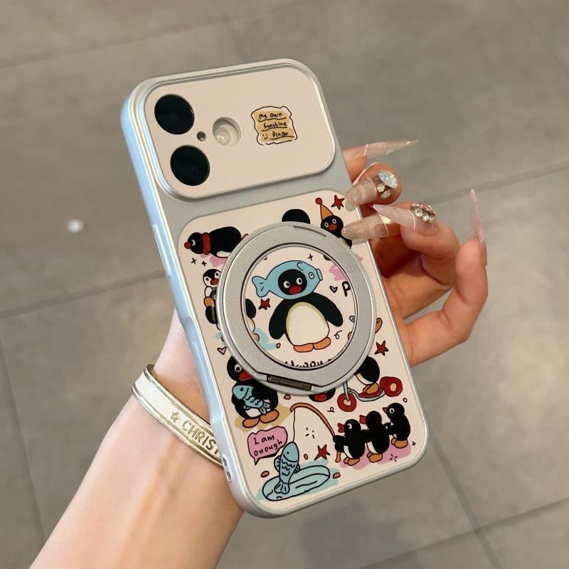 Cute Pingu Penguin 360° Rotatable Ring Holder Phone Case, Electroplated Silver Magnetic Kickstand Case, Flip Lens Full Protection Shockproof Cover For iPhone