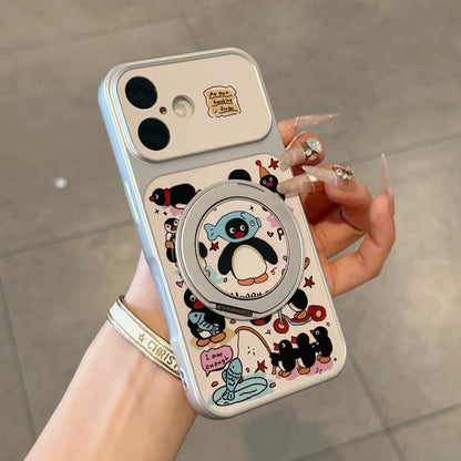 Cute Pingu Penguin 360° Rotatable Ring Holder Phone Case, Electroplated Silver Magnetic Kickstand Case, Flip Lens Full Protection Shockproof Cover For iPhone