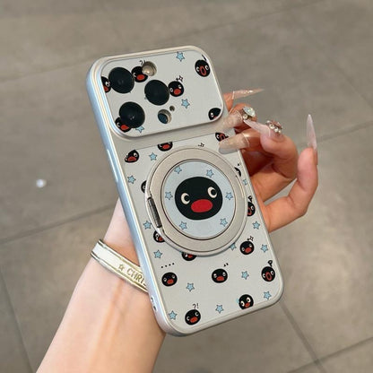 Cute Pingu Penguin 360° Rotatable Ring Holder Phone Case, Electroplated Silver Magnetic Kickstand Case, Flip Lens Full Protection Shockproof Cover For iPhone