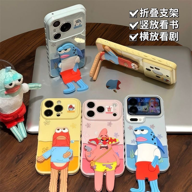 3D Cute Sad Frank Fish Kickstand Phone Case, SpongeBob Bikini Bottom Cartoon Electroplated Shockproof Cover, Adjustable Stand Holder Case For iPhone