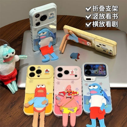 3D Cute Sad Frank Fish Kickstand Phone Case, SpongeBob Bikini Bottom Cartoon Electroplated Shockproof Cover, Adjustable Stand Holder Case For iPhone
