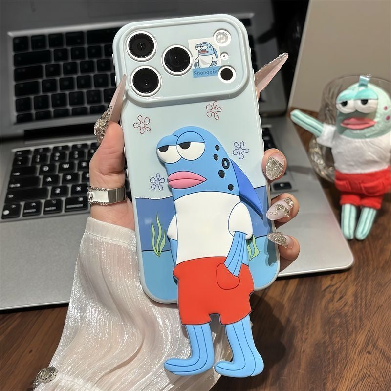 3D Cute Sad Frank Fish Kickstand Phone Case, SpongeBob Bikini Bottom Cartoon Electroplated Shockproof Cover, Adjustable Stand Holder Case For iPhone