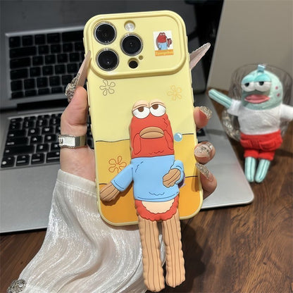 3D Cute Sad Frank Fish Kickstand Phone Case, SpongeBob Bikini Bottom Cartoon Electroplated Shockproof Cover, Adjustable Stand Holder Case For iPhone