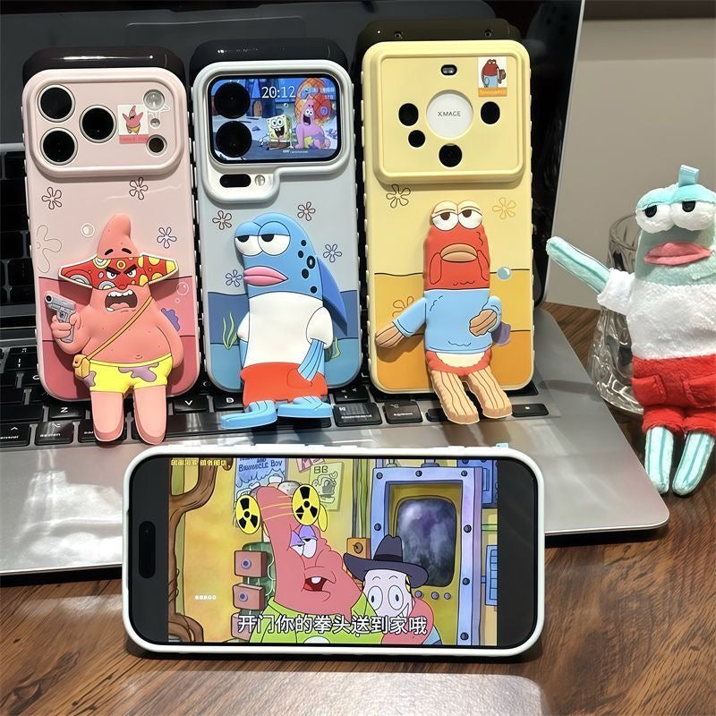 3D Cute Sad Frank Fish Kickstand Phone Case, SpongeBob Bikini Bottom Cartoon Electroplated Shockproof Cover, Adjustable Stand Holder Case For iPhone