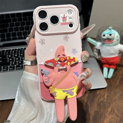 3D Cute Sad Frank Fish Kickstand Phone Case, SpongeBob Bikini Bottom Cartoon Electroplated Shockproof Cover, Adjustable Stand Holder Case For iPhone