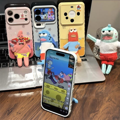 3D Cute Sad Frank Fish Kickstand Phone Case, SpongeBob Bikini Bottom Cartoon Electroplated Shockproof Cover, Adjustable Stand Holder Case For iPhone