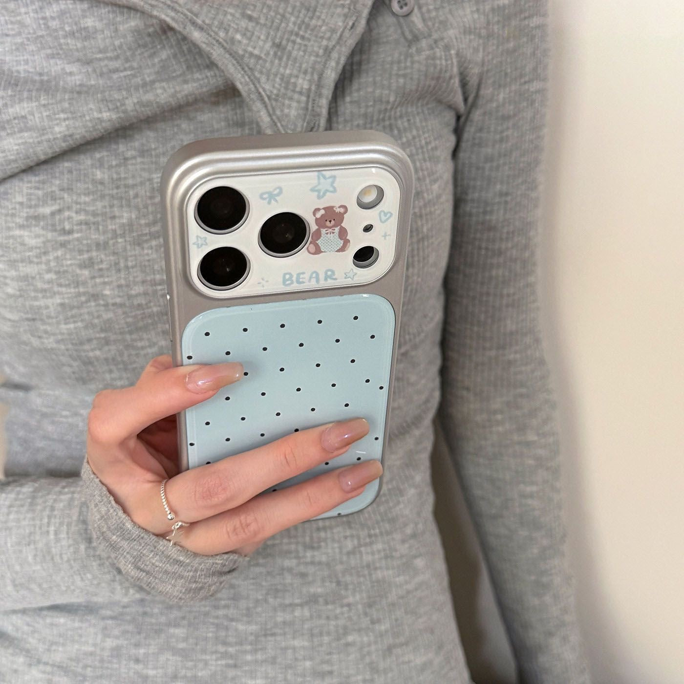 Pastel Blue Polka Dot Bear Phone Case, 3D Big Heart Shape Grip Kickstand Electroplated Shockproof Case