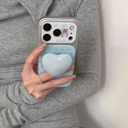 Pastel Blue Polka Dot Bear Phone Case, 3D Big Heart Shape Grip Kickstand Electroplated Shockproof Case