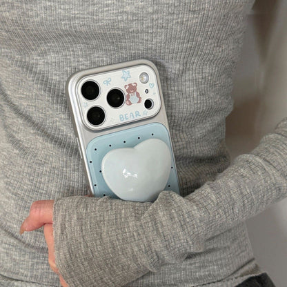 Pastel Blue Polka Dot Bear Phone Case, 3D Big Heart Shape Grip Kickstand Electroplated Shockproof Case