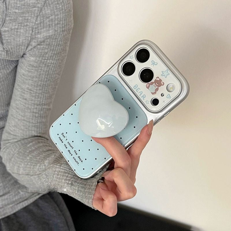 Pastel Blue Polka Dot Bear Phone Case, 3D Big Heart Shape Grip Kickstand Electroplated Shockproof Case