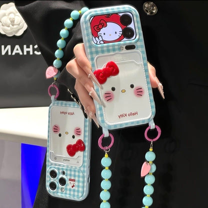Kawaii Blue Plaid Hello Kitty Card Slot Phone Case, 3D Bow Decor With Detachable Beaded Wrist Chain Strap