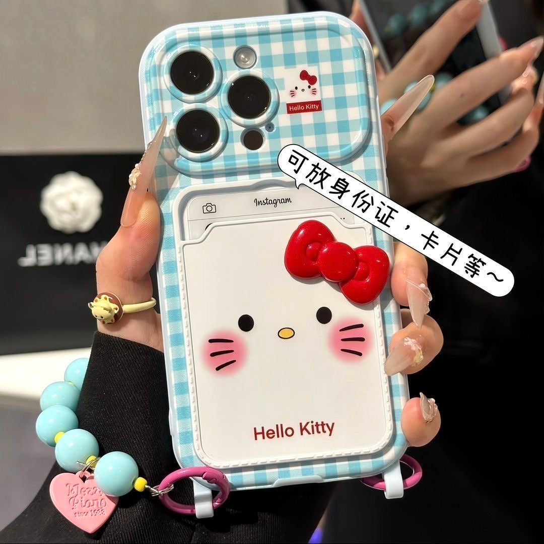 Kawaii Blue Plaid Hello Kitty Card Slot Phone Case, 3D Bow Decor With Detachable Beaded Wrist Chain Strap