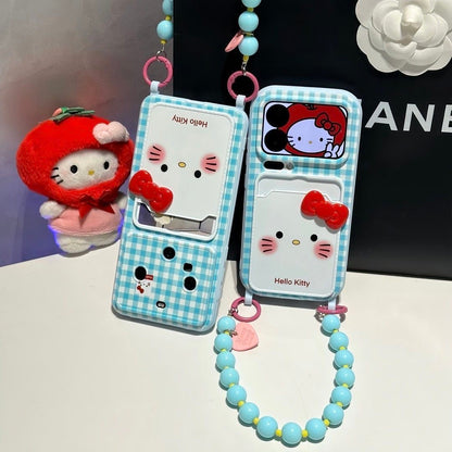Kawaii Blue Plaid Hello Kitty Card Slot Phone Case, 3D Bow Decor With Detachable Beaded Wrist Chain Strap