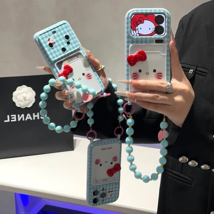 Kawaii Blue Plaid Hello Kitty Card Slot Phone Case, 3D Bow Decor With Detachable Beaded Wrist Chain Strap